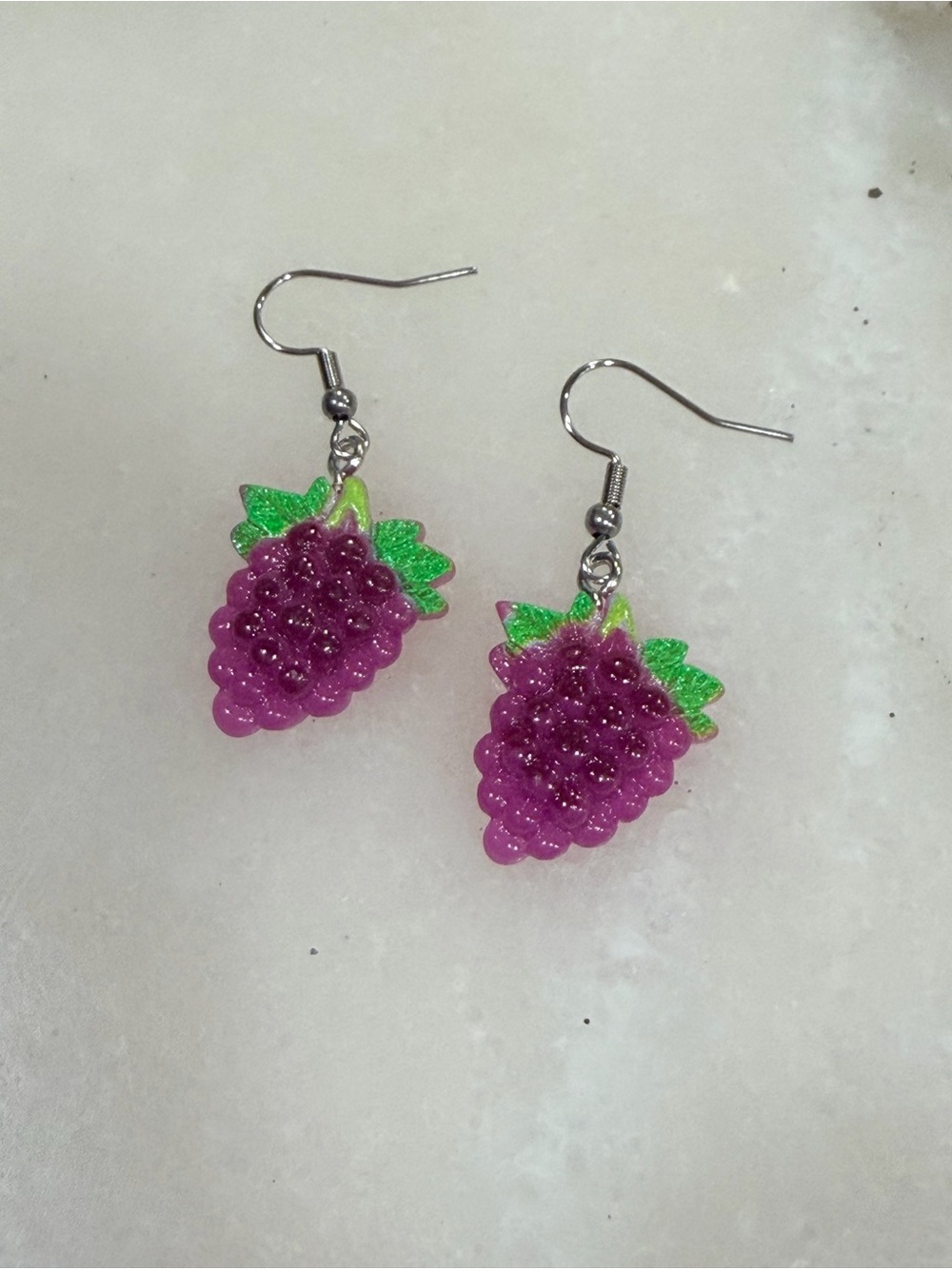 Sparkling Purple Grape Dangle Earrings with Green Leaves